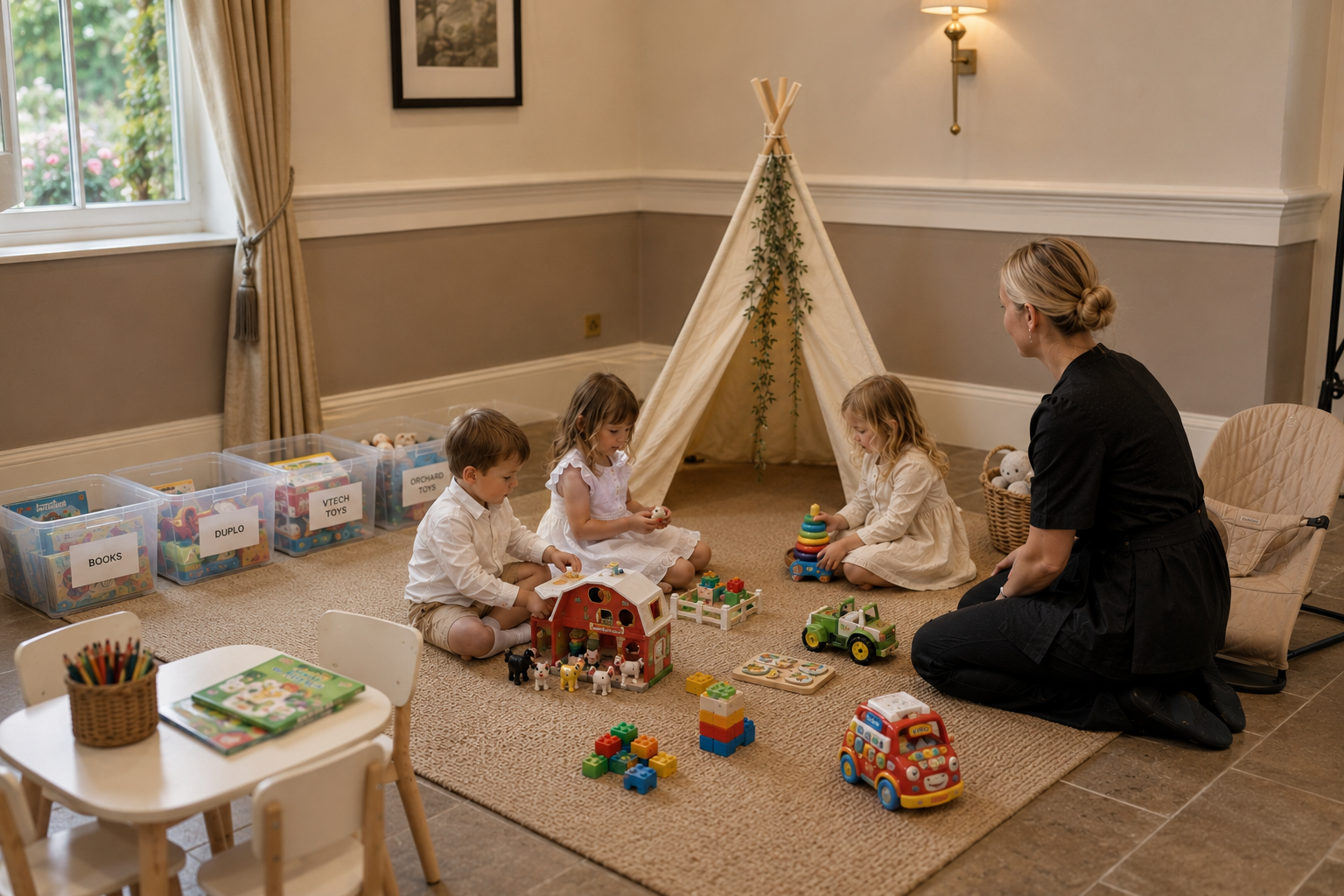 Young children playing peacefully with wooden toys in a beautifully styled room, cared for by a calm professional while the wedding celebration continues nearby
